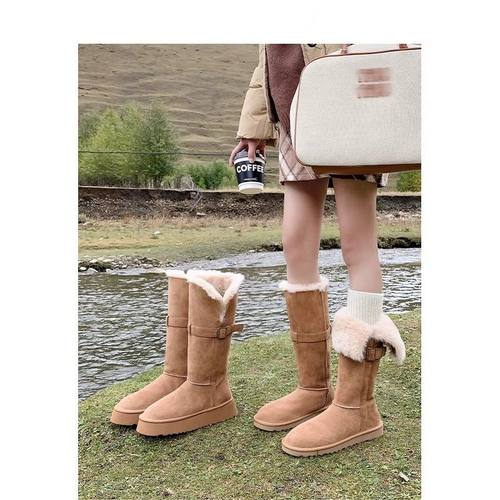 两穿棕色厚底毛毛高筒长靴2025冬季加绒中筒棉鞋保暖东北雪地靴女