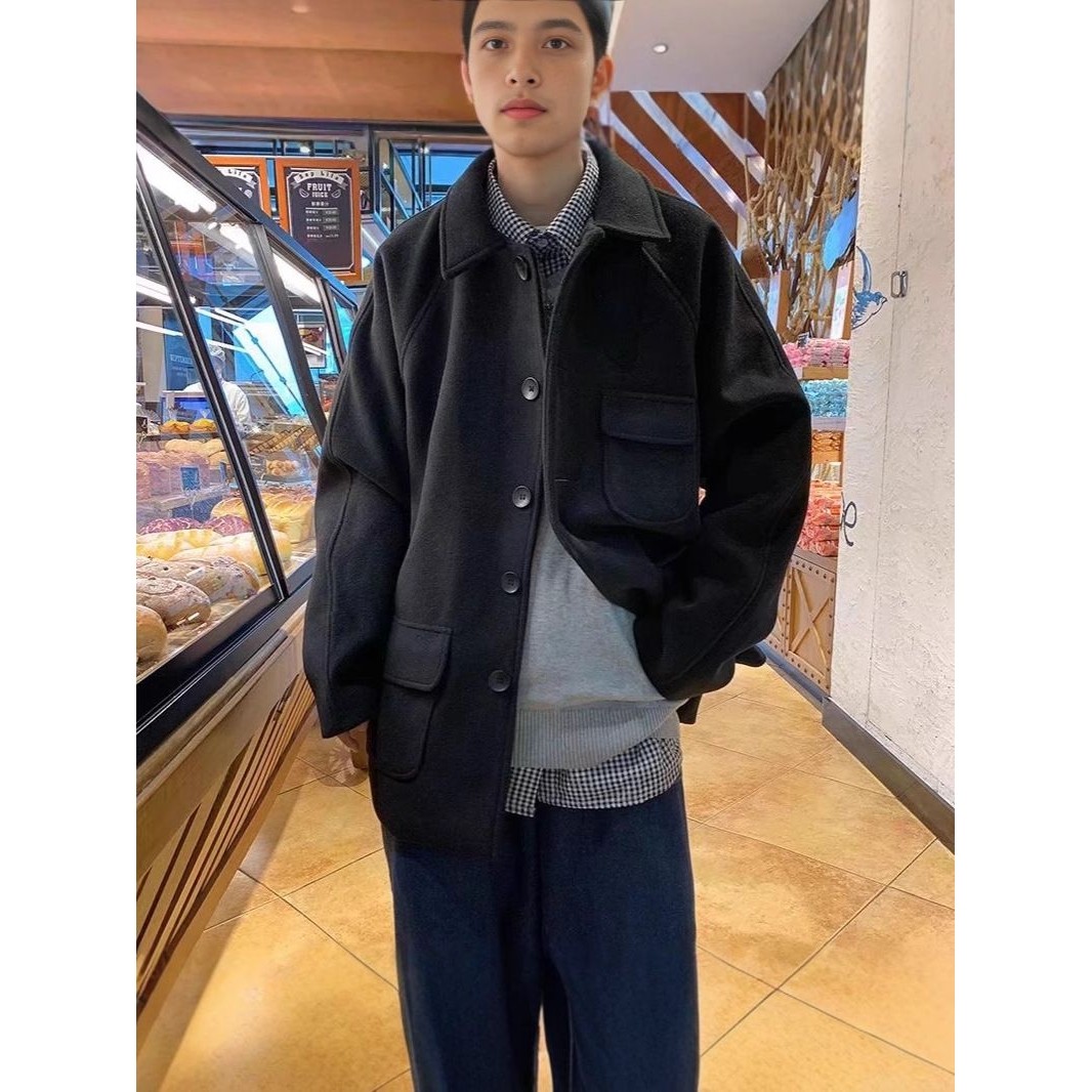 秋冬新款毛呢大衣男短款休闲外套复古潮流翻领呢子夹克上衣服