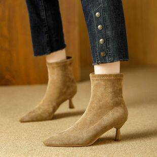 高跟短靴女细跟2025新款尖头切尔西女靴法式绒面咖色靴子女中筒靴