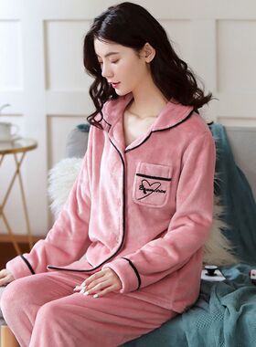 睡衣女秋冬季珊瑚绒长袖加绒加厚中年大码简约女士家居套装