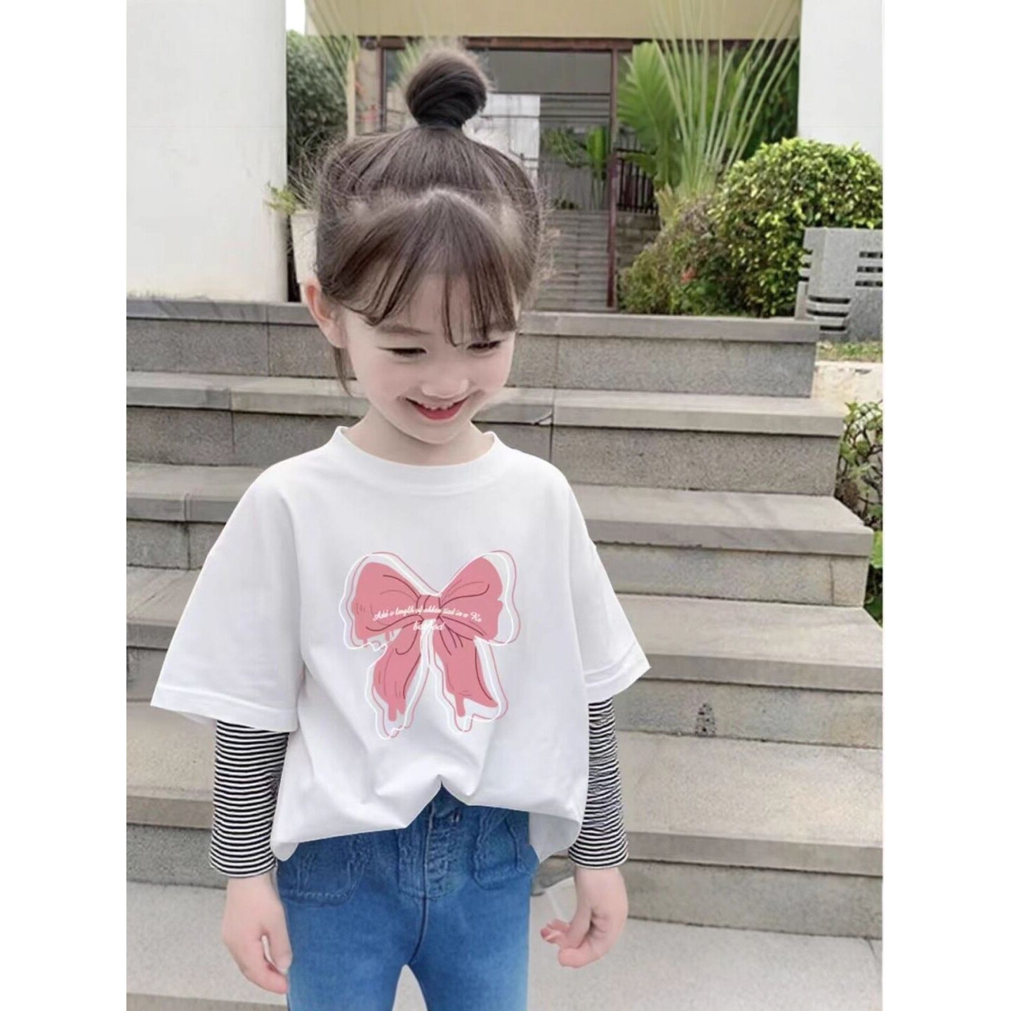 女童新款圆领假两件T恤宝宝拼接内搭长袖中大童春秋纯棉打底上衣