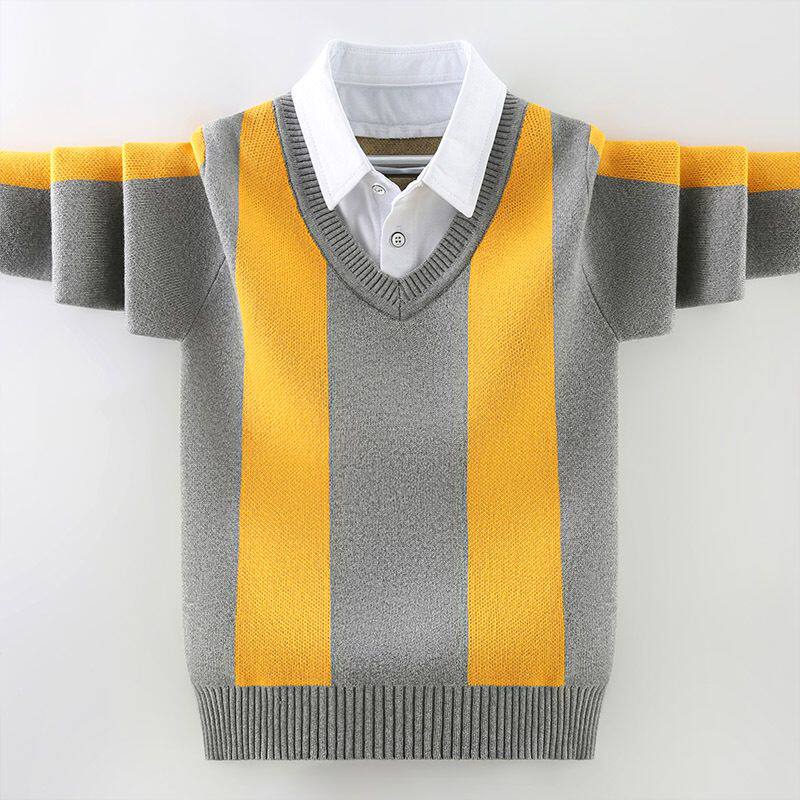 男童假两件毛衣秋冬新款儿童衬衫领纯棉条纹针织打底衫中大童