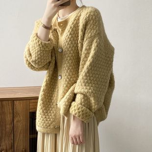黄色毛衣女秋冬2025新款宽松日系慵懒风开衫外套高质感针织上衣厚