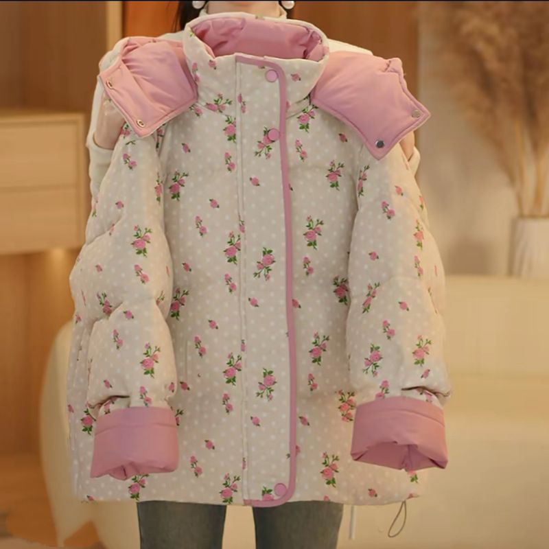 新款女童羽绒棉服碎花时尚可爱中大童宝宝上衣外套加厚款童装棉衣