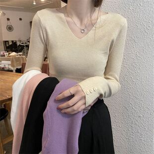纯色正肩v领内搭打底衫女秋装高级感修身显瘦毛衣针织衫短款上衣