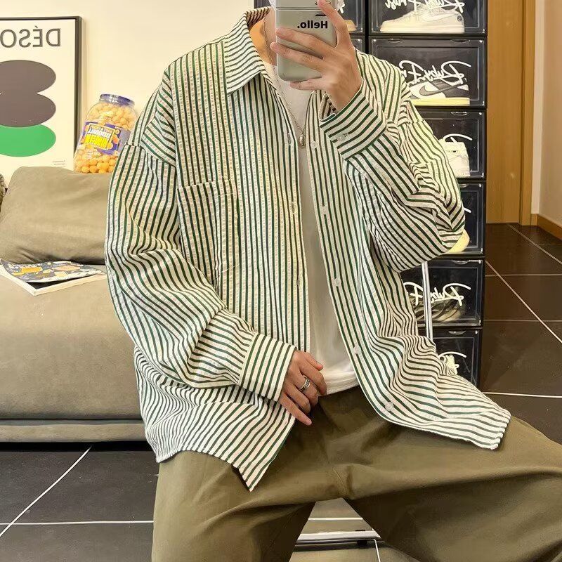 衬衫男士2025春季新款宽松条纹上衣青少年潮流长袖夹克外套男