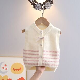女童蝴蝶结针织开衫马甲春秋款婴儿秋季外穿毛衣背心儿童毛线坎肩