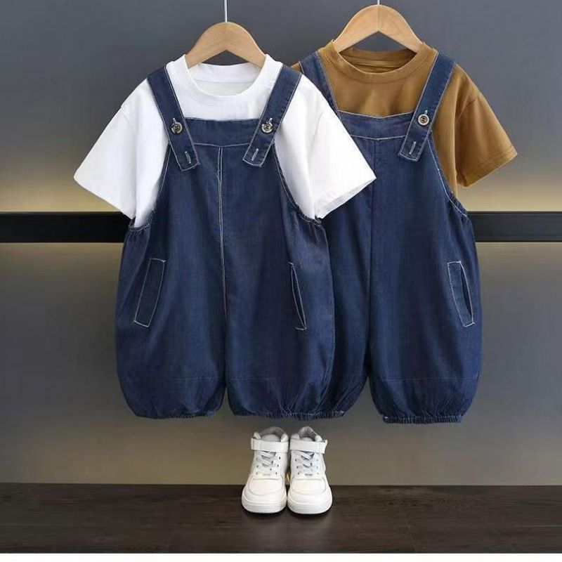 男童夏装牛仔背带裤套装宝宝时髦洋气韩版两件套中小儿童酷帅童装