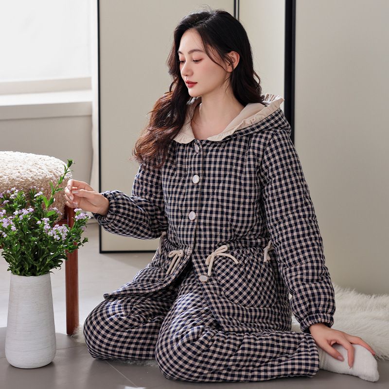 睡衣女冬季三层加厚加绒梭织纯棉夹棉秋冬棉袄冬款带帽家居服套装