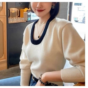 白色软糯仿浣熊绒U领毛衣女秋冬外穿短款修身打底衫针织衫上衣女