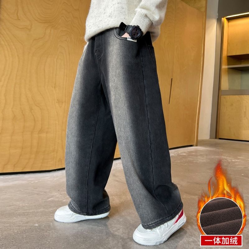 男童秋冬加绒牛仔裤2025新款儿童中大童男孩宽松直筒加厚宽松冬季
