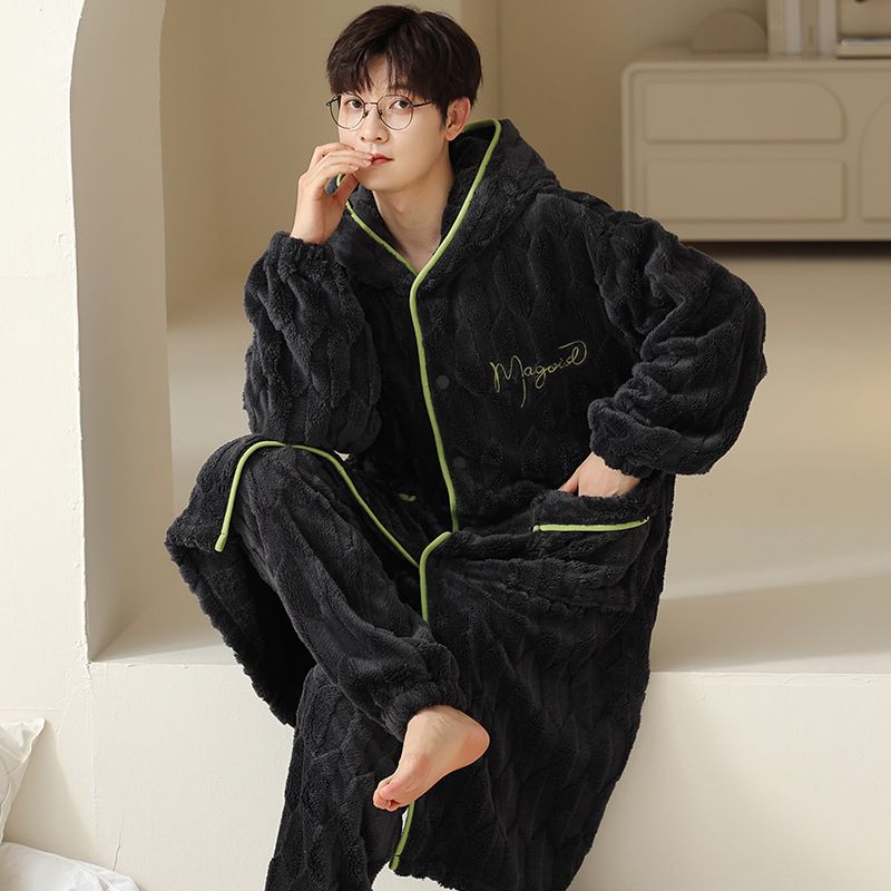 法兰绒睡衣男冬季加厚加绒珊瑚绒夹棉保暖男士睡袍长裤家居服套装