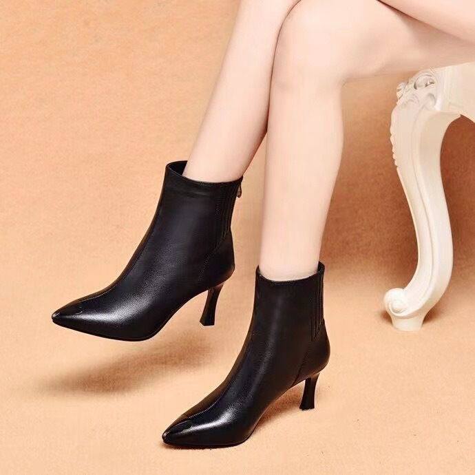 高跟马丁靴女中筒靴子年秋冬新款春秋单靴尖头细跟真皮小短靴