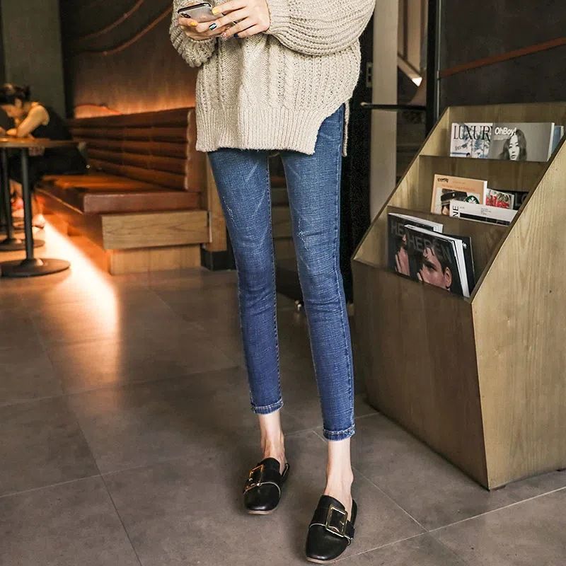 牛仔裤女高腰年春季新款复古蓝紧身显瘦直筒百搭铅笔小脚裤潮