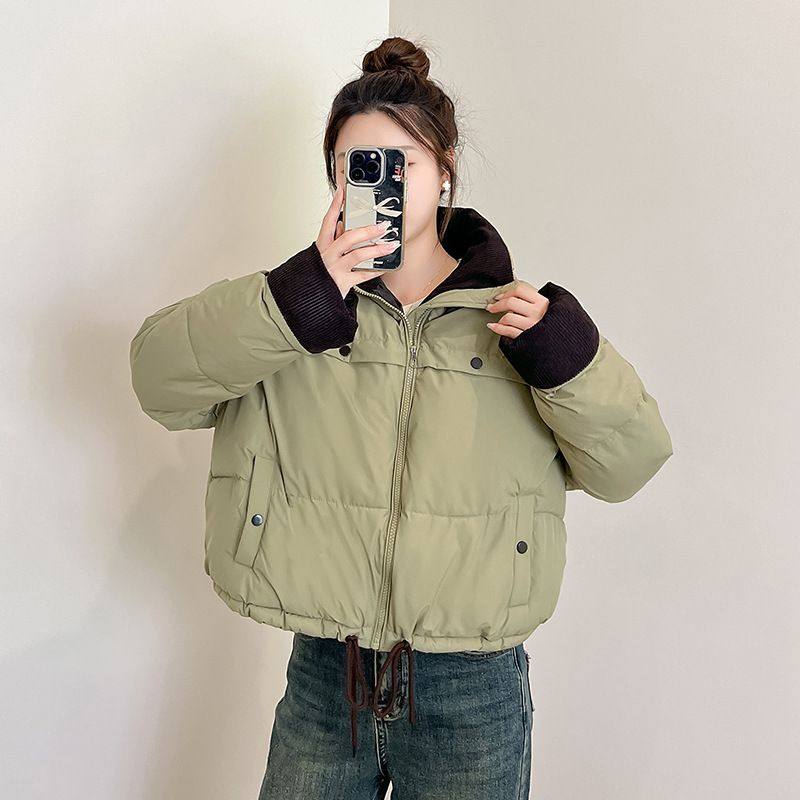 灯芯绒拼接短款立领棉服女年新款冬季设计感宽松加厚棉衣外套