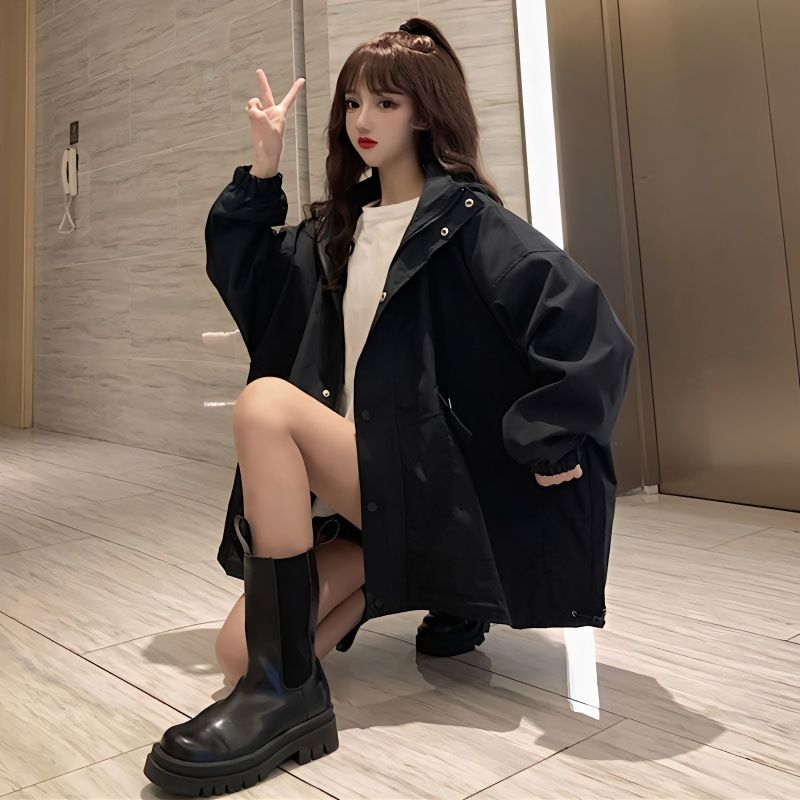 黑色外套女春秋季款防水冲锋衣连帽双层内里大码校园学生休闲风衣