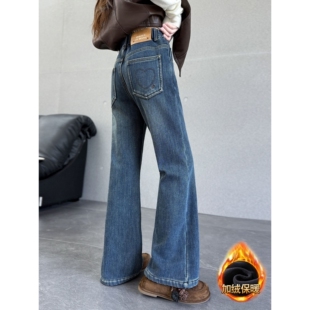 女童秋冬加绒牛仔裤2025新款女大童冬季休闲加厚喇叭裤微喇长裤子