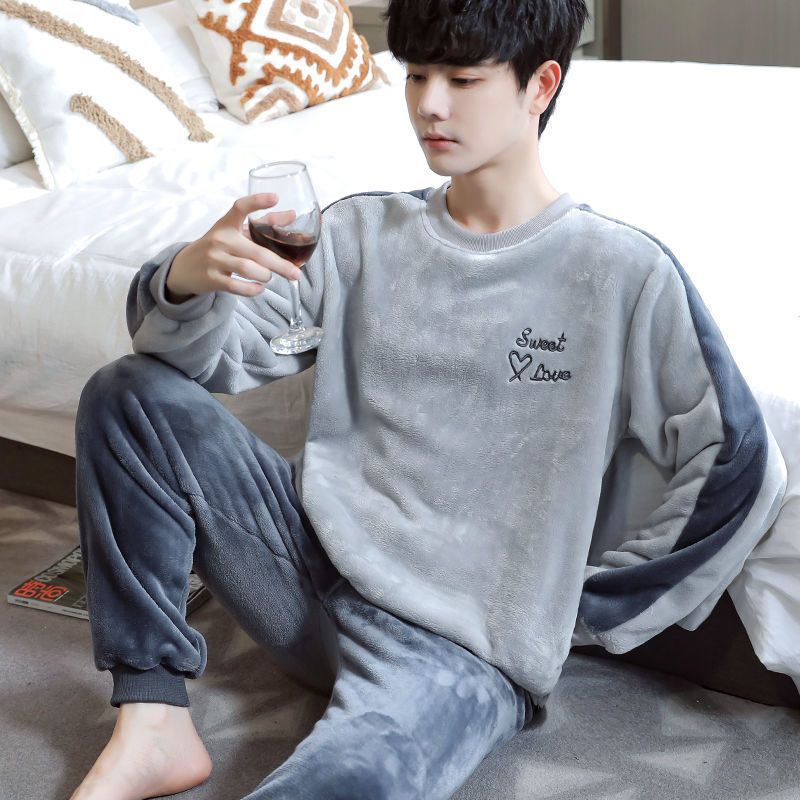 男士睡衣冬季法兰绒加绒加厚套装学生套头睡衣男秋冬季家居服