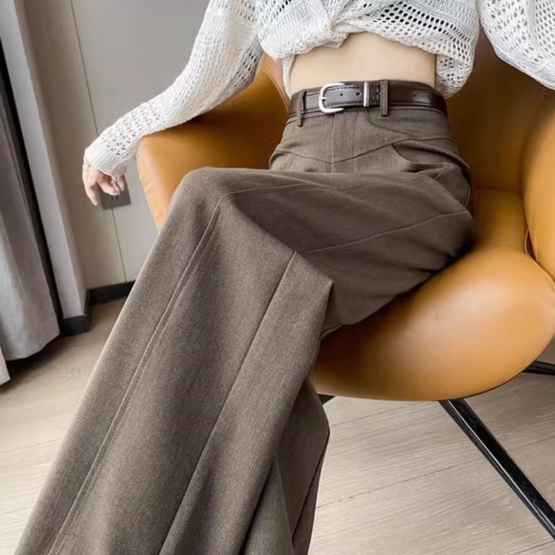 高级西装裤咖色休闲阔腿裤女春秋新款高腰直筒宽松垂感拖地裤子