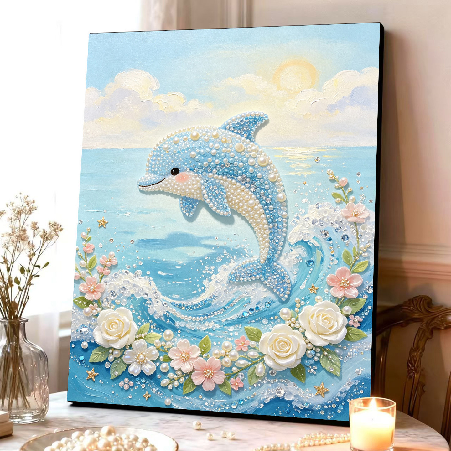 2026新款珍珠画浪跃海豚材料DIY手工钻石贴画高级客厅装饰画摆件