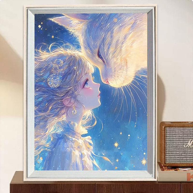 2025年新款云朵小猫咪钻石画卡通动漫带框手工diy砖石粘贴画礼物