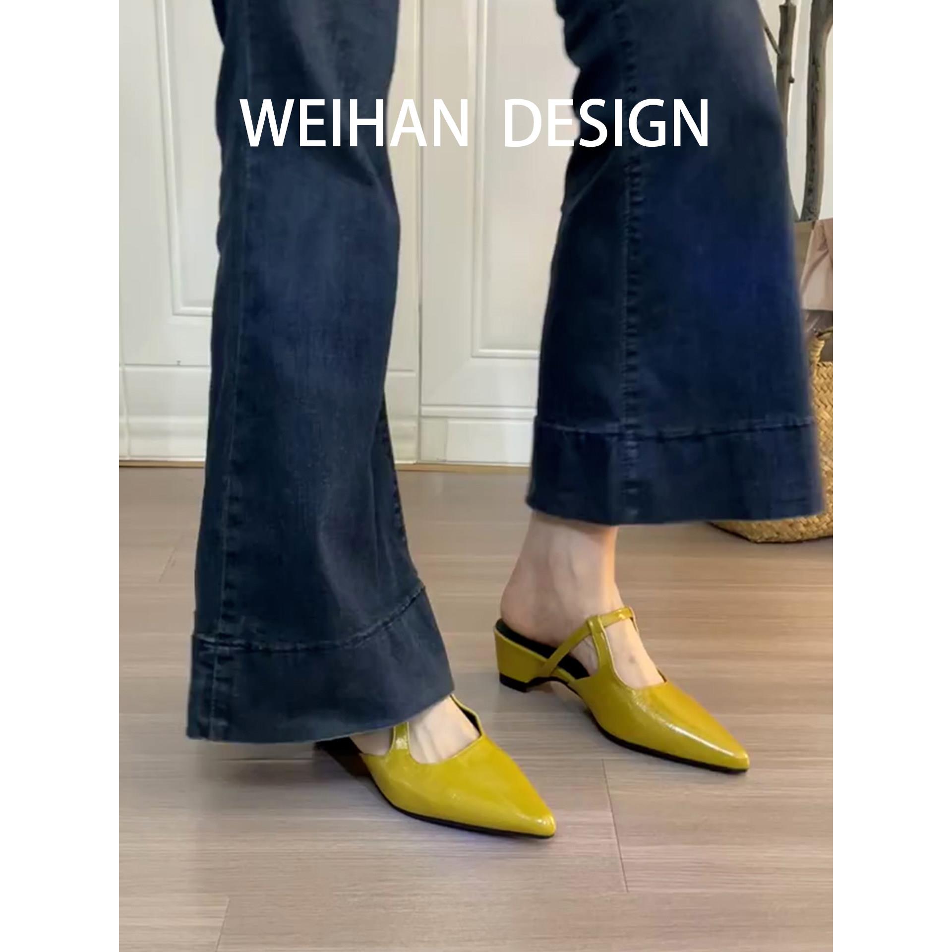 羊皮版!漆皮高级感跛跟凉拖女法式真皮尖头包头半拖鞋粗跟穆勒鞋