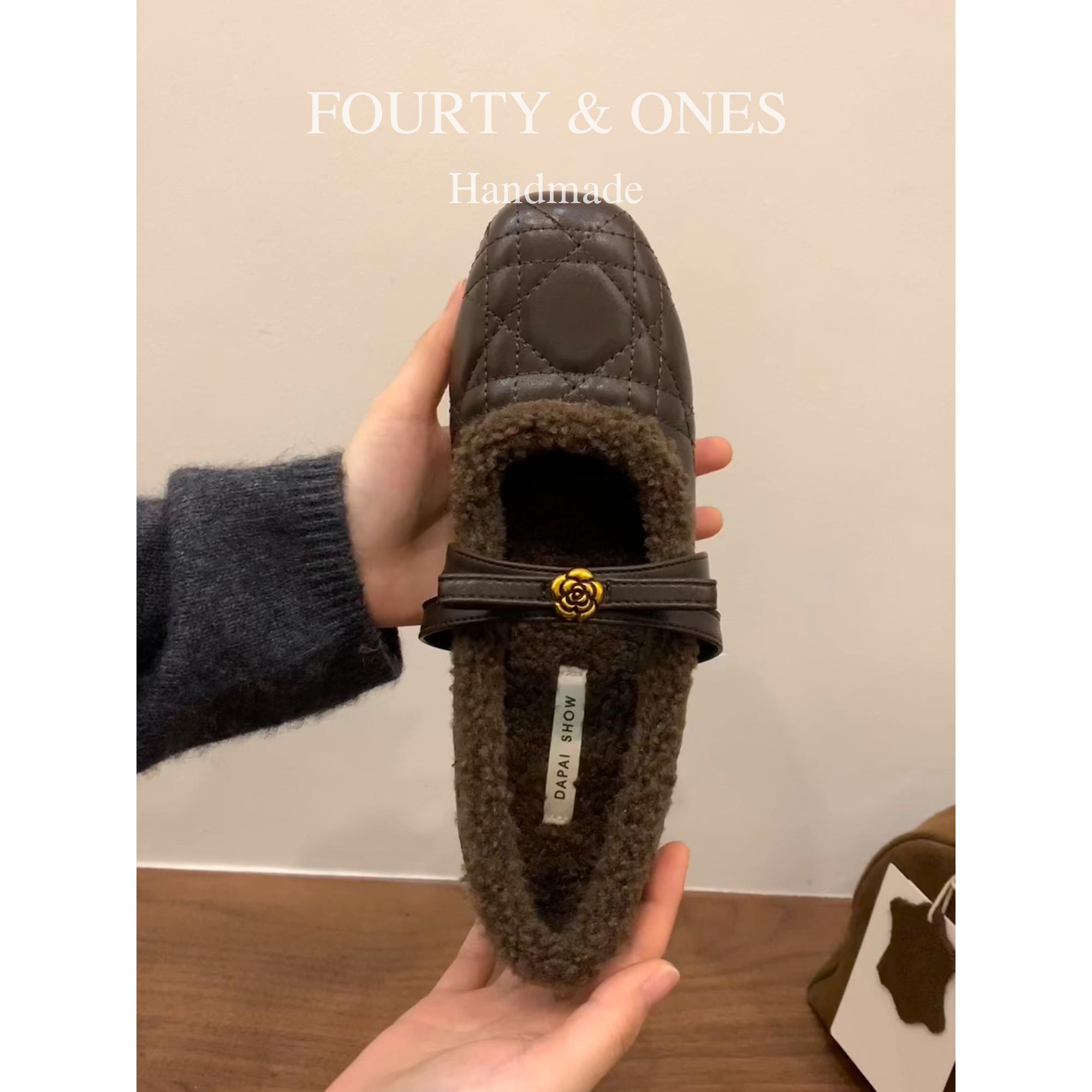 牛皮版~格子纹加绒玛丽珍鞋女内增高浅口单鞋秋冬保暖毛绒小皮鞋