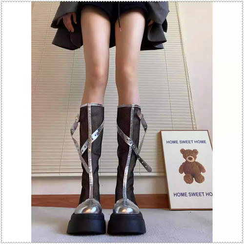 网纱夏天靴子长筒靴女夏季厚底