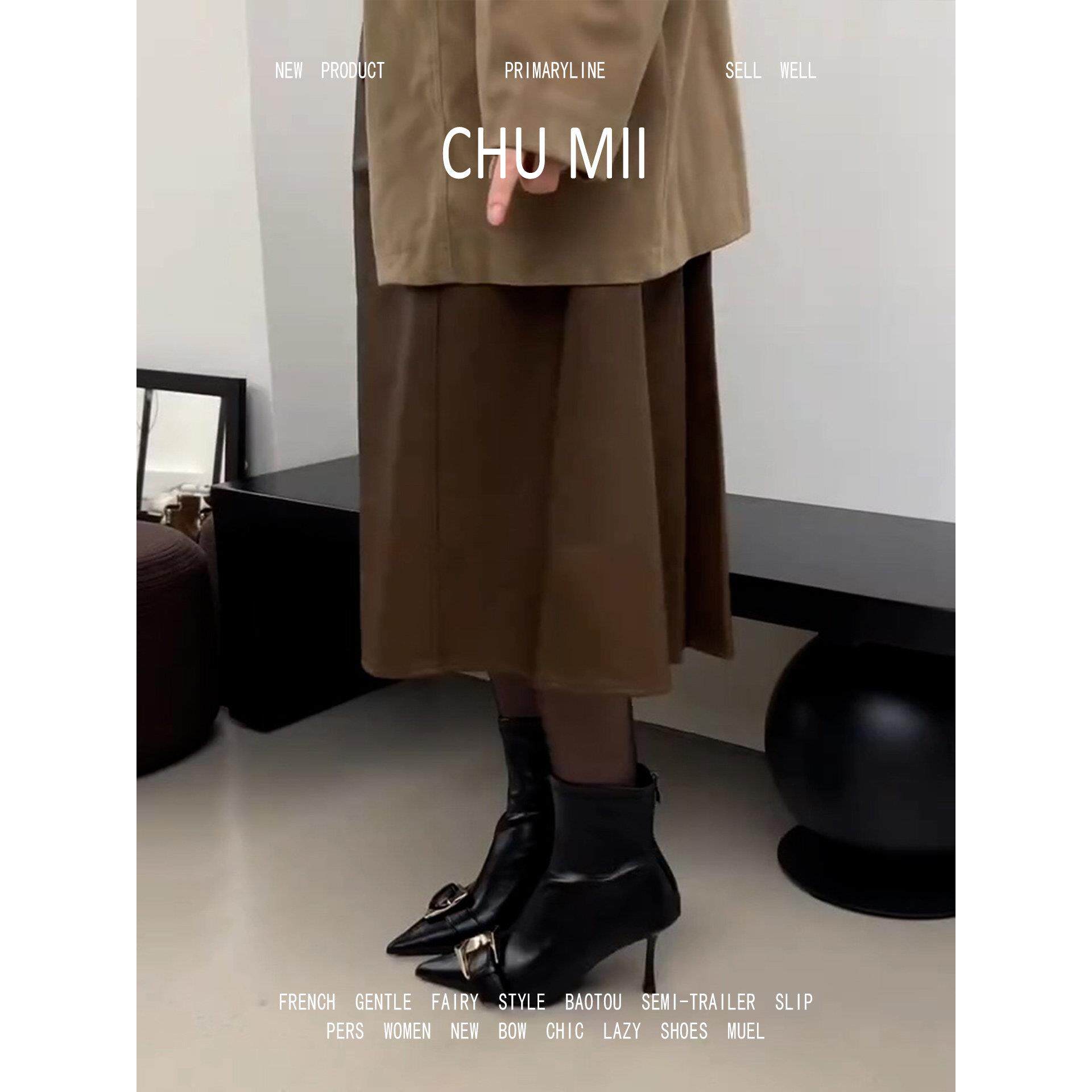 羊皮版~时尚尖头短靴女黑色高跟细跟金属扣时装气质通勤瘦瘦靴