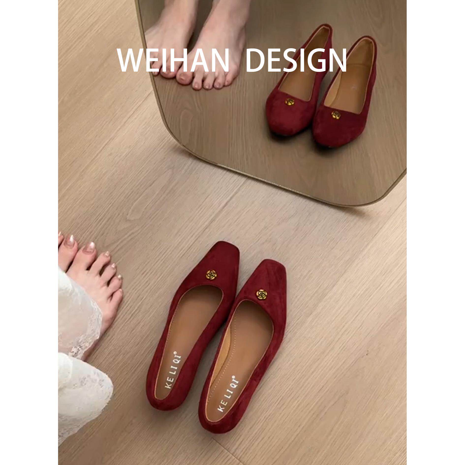 羊皮版！复古红色方头绒面单鞋女粗跟奶奶鞋简约法式通勤玛丽珍鞋