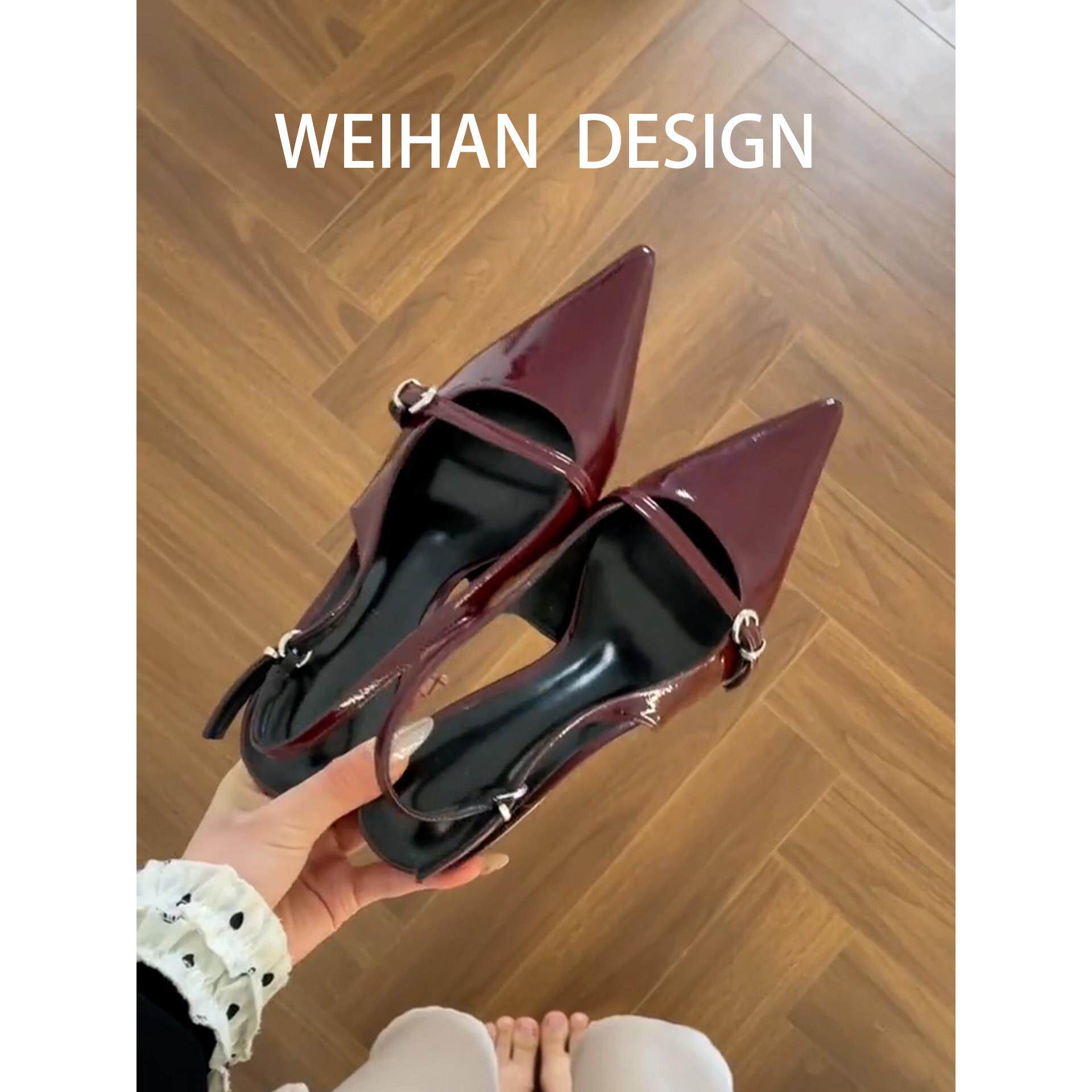 羊皮版！性感红色高跟鞋女尖头皮带扣后空单鞋名媛风低跟包头凉鞋