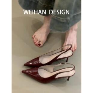 羊皮版！红色尖头高跟鞋女不累脚性感细跟漆皮绝美一字带包头凉鞋