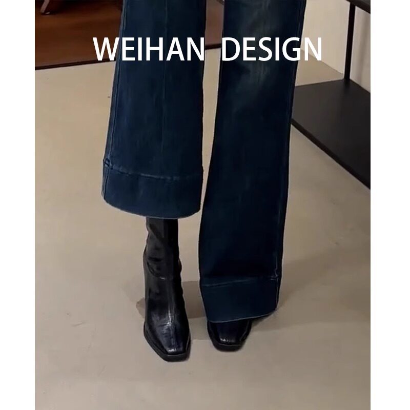 羊皮版！韩版高跟方头瘦瘦靴短靴
