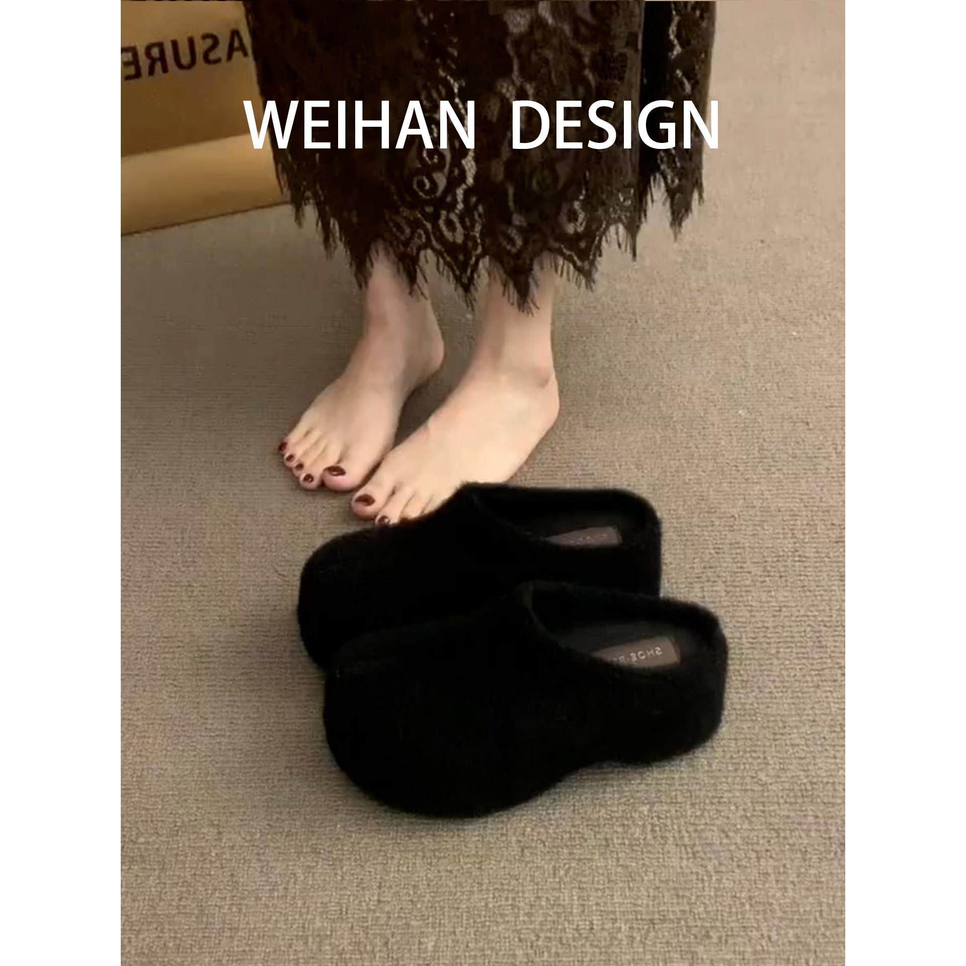 羊皮版！厚底增高加绒包头半拖鞋外穿松糕底毛毛鞋一脚蹬勃肯棉拖,女鞋,毛毛鞋,淘宝优惠券,粉丝福利购,淘宝优惠卷