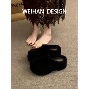 羊皮版！厚底增高加绒包头半拖鞋外穿松糕底毛毛鞋一脚蹬勃肯棉拖