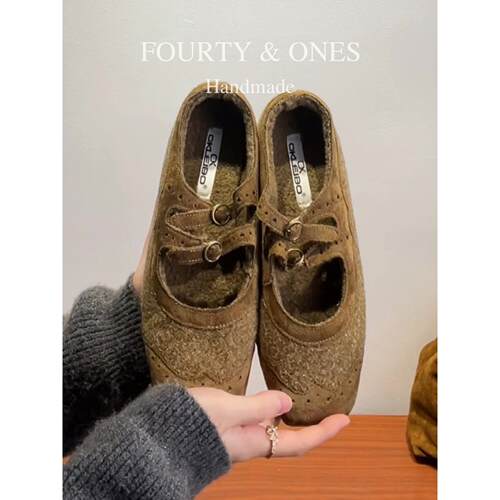 羊皮版~温柔风绒面方头玛丽珍鞋女双扣带小皮鞋百搭保暖毛绒单鞋