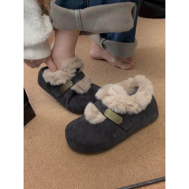 羊毛版~真皮灰色厚底内增高勃肯鞋女韩版百搭加绒毛毛鞋单鞋棉鞋