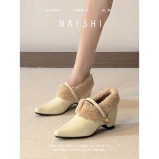 羊皮版！法式气质玛丽珍毛毛鞋女冬季温柔风尖头坡跟加绒毛毛单鞋