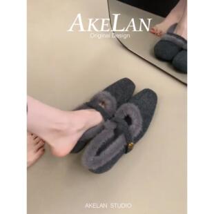 羊皮版~法式方头毛毛鞋女秋冬外穿粗跟一字带加绒毛呢玛丽珍单鞋