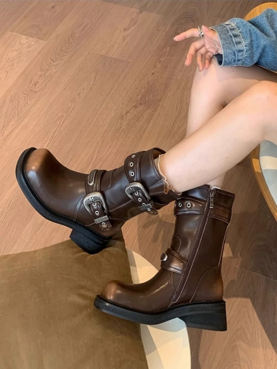 柚子初靴子女夏款真皮中跟复古英伦风短靴美拉德中筒靴棕色马丁靴