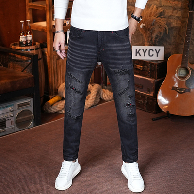爆款破洞牛仔裤男款黑色秋冬新款