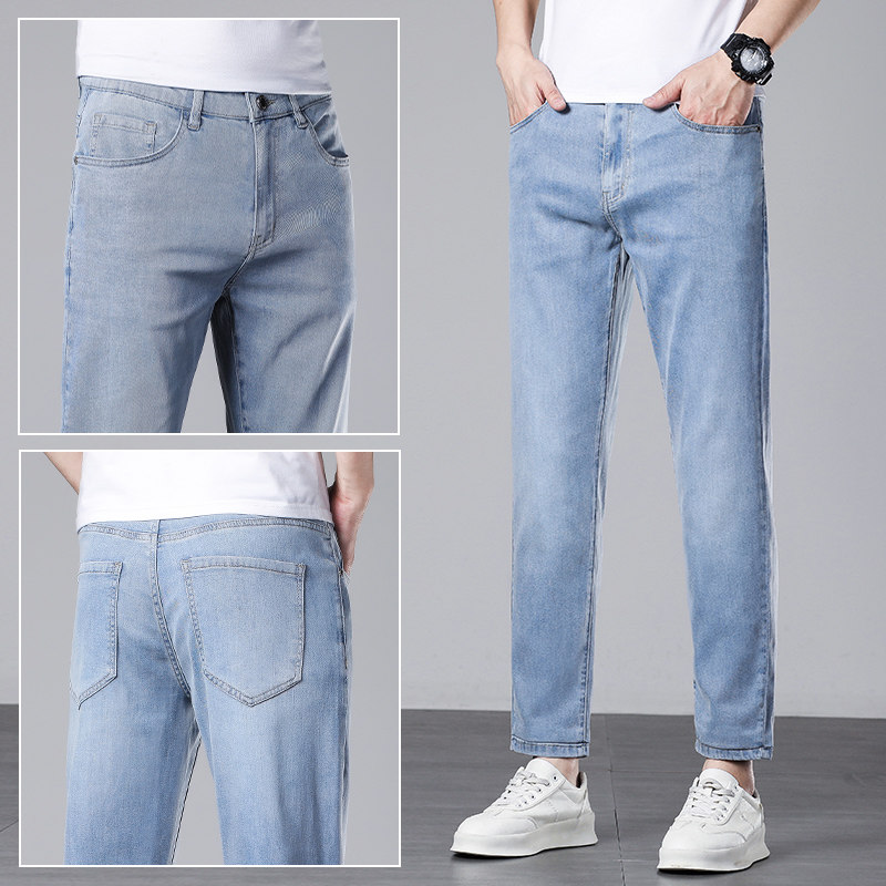 香港高端九分牛仔裤男款冰丝薄款浅蓝色潮流修身直筒夏季男士弹力