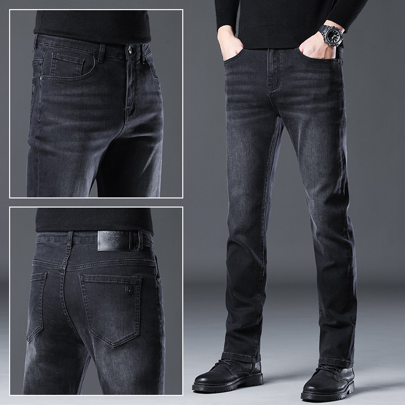 香港黑灰色牛仔裤男春秋款修身直筒高端弹力休闲百搭商务长裤子男