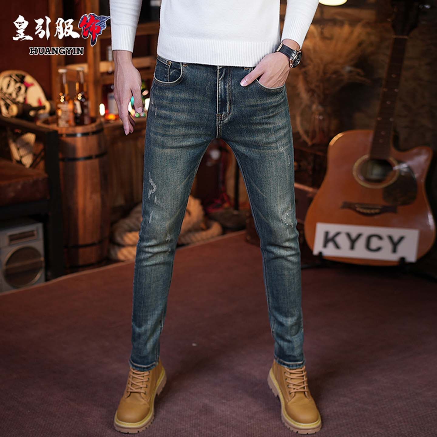 香港高端牛仔裤男款秋冬新款复古蓝色修身小脚弹力百搭九分长裤男