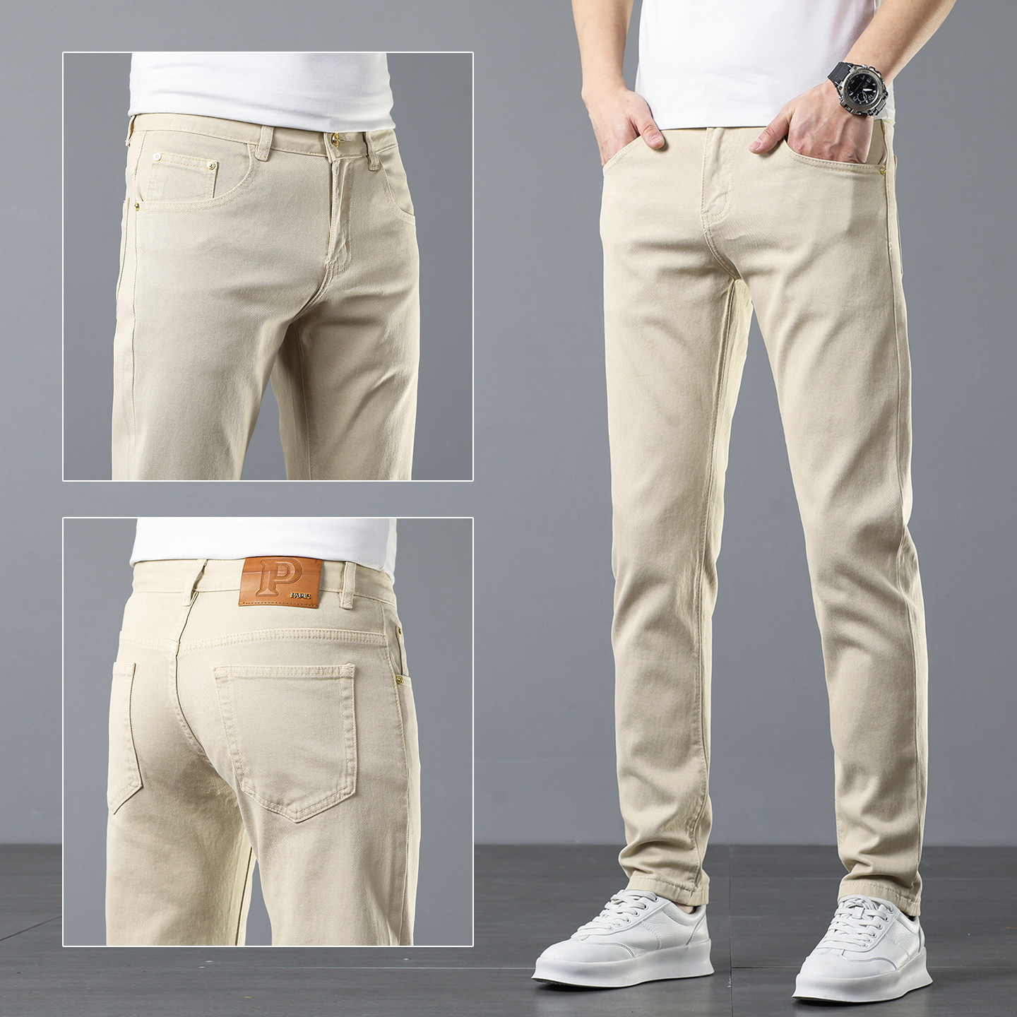 高端休闲牛仔裤男款春季新款卡其色修身小脚弹力百搭男士潮流长裤