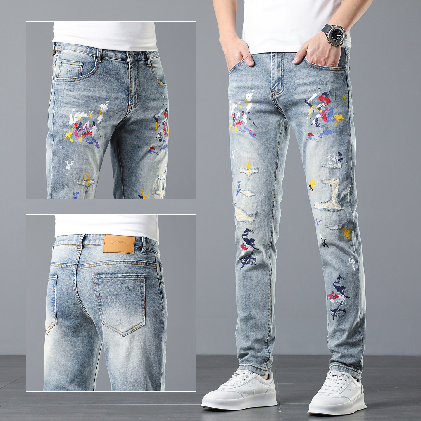 香港高端牛仔裤男款夏季新款浅蓝色破洞修身小脚男士潮流补丁长裤