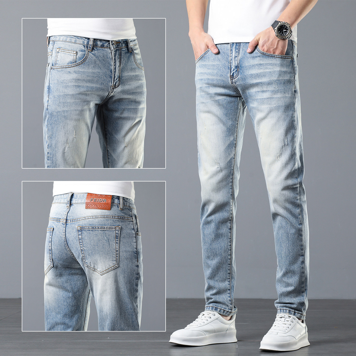高端爆款牛仔裤男款夏季潮流浅蓝色新款修身小脚弹力百搭男士长裤