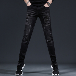 2024新款高端黑色刺绣牛仔裤男潮牌修身小脚弹力男士休闲百搭裤子