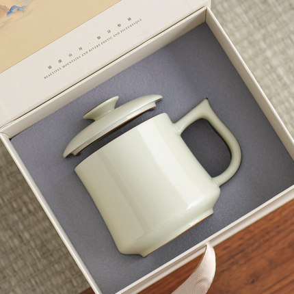 天青汝窑茶杯办公室泡茶水杯个人专用高档陶瓷杯带盖情侣马克杯子