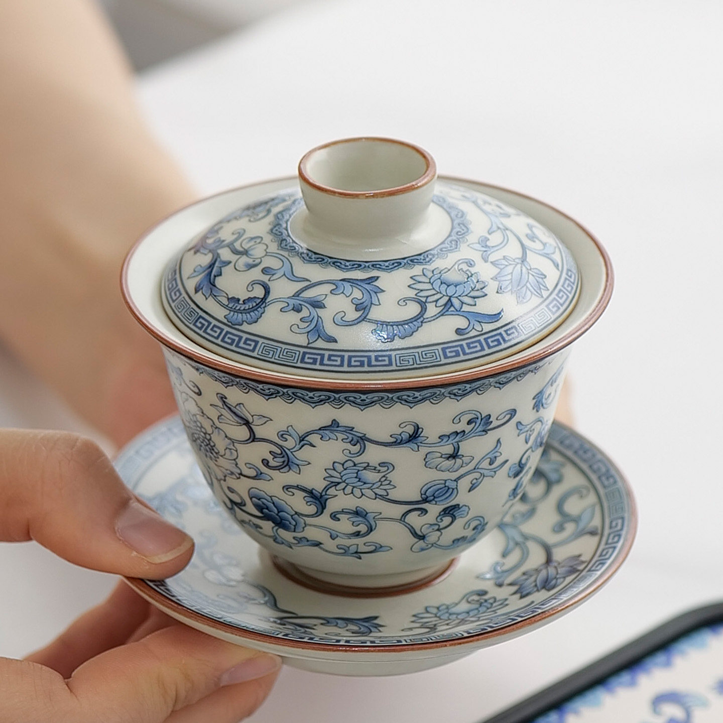高档汝窑青花缠枝莲三才盖碗家用单个功夫泡茶碗茶杯茶具套装礼品